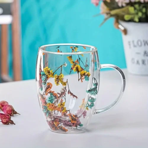 Flowers-Inside-Glass-Coffee-Mug-350ml-Double-Walled-Espresso-Cups-Heat-Insulated-Quicksand-Water-Cups-Summer Modern Glass Cups